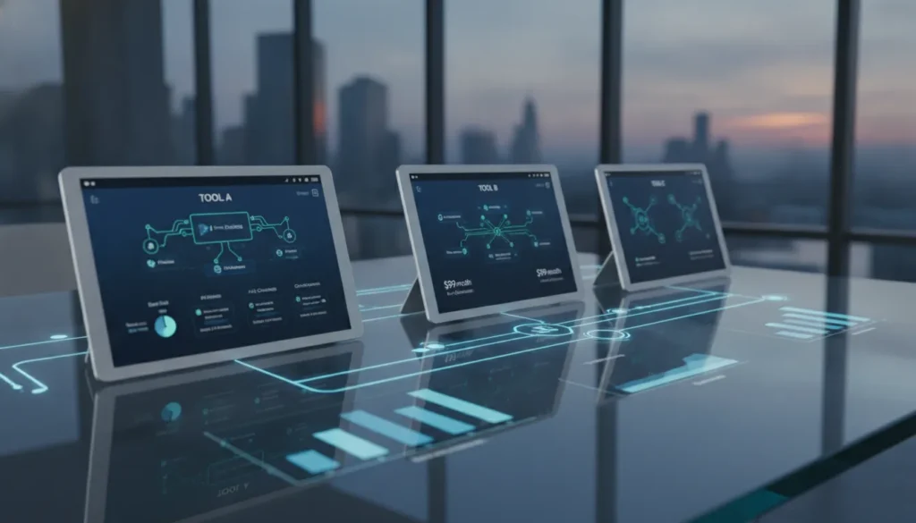 Three tablets display data integration tools comparison dashboards on a glass table.