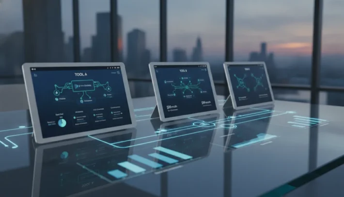 Three tablets display data integration tools comparison dashboards on a glass table.