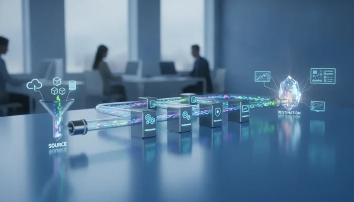 Data pipeline showing data flow from sources through processing to destinations for analytics and business operations.