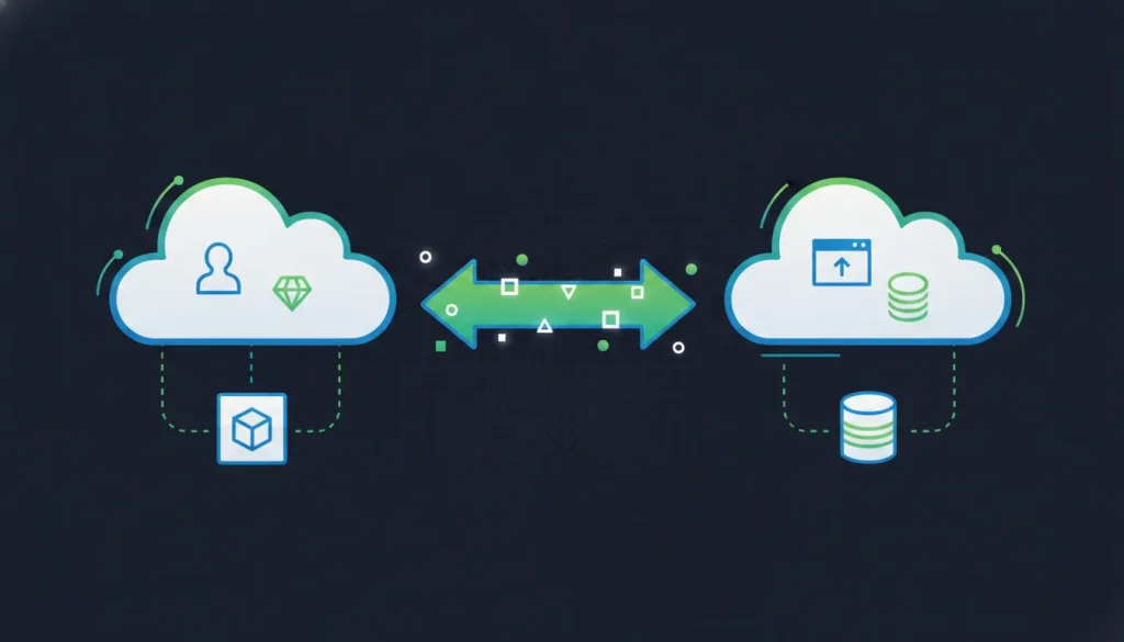 Abstract CRM and accounting systems connected by green and teal data flows